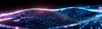 Digital wave of glowing binary code data stream on dark background, flowing numbers creating dynamic technology landscape with pink and blue light effects.