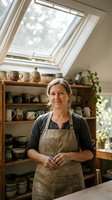 Middle-aged Caucasian female potter standing in ceramic workshop studio wearing apron surrounded by handmade pottery and clay vessels under skylight window.