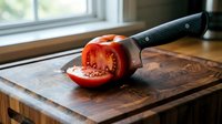 Fresh ripe tomato cut in half on wooden cutting board with chef knife in kitchen near window, ready for cooking and food preparation.