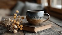 Handcrafted ceramic mug with rustic glaze sits on vintage book beside dried flowers, creating cozy autumn morning scene for home decor and lifestyle content.