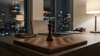 Chess board with black king piece on wooden table in modern office at night with city lights visible through windows.