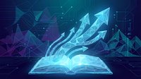Digital open book with glowing arrows emerging upward, representing knowledge growth, education success, and business progress on futuristic tech background.