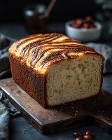 Freshly baked marble swirl bread loaf sliced on wooden cutting board showcasing golden crust and soft interior texture for bakery and cooking concepts.