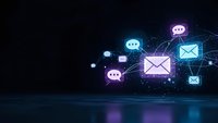 Digital communication network with glowing email and chat icons floating above reflective surface on dark background for business technology concepts.