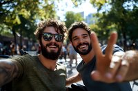 Two bearded young men taking selfie outdoors on sunny day, showing peace sign and genuine smiles, wearing casual clothes and sunglasses in urban setting.