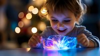 Young child with blonde hair amazed by glowing magical light effects from smartphone screen. Technology wonder and digital entertainment concept for kids.