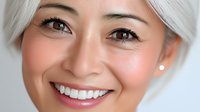 Close-up portrait of smiling young Caucasian woman with platinum blonde hair and natural makeup showing perfect white teeth and radiant skin.