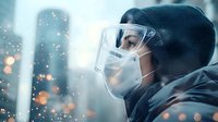 Asian healthcare worker wearing protective face mask, goggles and winter hat looking through window with bokeh lights, side view portrait during pandemic.