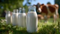 Fresh milk bottles on green grass with dairy cow in blurred background. Natural farm setting with morning light showcasing organic dairy products and sustainable agriculture.