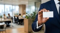 Businessman in navy suit holding blank white business card in modern office environment with colleagues and plants in background.
