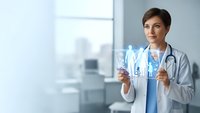 Female doctor holding digital holographic family health icons in modern medical office with stethoscope around neck for healthcare technology concepts.