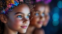 Young mixed race girl with curly hair adorned in vibrant rainbow glitter makeup, soft bokeh lighting creates magical atmosphere, focus on bright blue eyes and gentle smile.