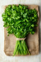Fresh parsley bunch tied with twine on rustic burlap cloth against white wooden background, top view composition for cooking and food photography.