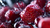Fresh ripe cherries covered in water drops against dark background, macro photography showing juicy texture and natural shine for food and beverage marketing.