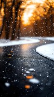 Snowy winter road with golden sunset glow filtering through bare trees, falling snowflakes creating magical atmosphere. Perfect for seasonal, holiday and travel designs.