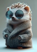 Stylish hedgehog character wearing round blue sunglasses and cozy knit sweater against neutral background, created for children's book illustration and merchandise design.