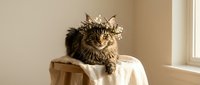 Fluffy tabby cat wearing a delicate floral crown, sitting on cream fabric chair against neutral beige wall with natural window light.