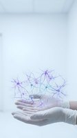 Gloved hands holding holographic neural network with glowing purple and blue connections representing artificial intelligence and medical technology innovation.