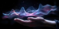 Glowing digital wave particles float above open palm against dark background, featuring blue and pink neon light effects in flowing motion visualization.