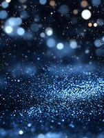Magical blue glitter background with bokeh lights and sparkles scattered across dark surface, creating dreamy atmospheric effect for festive designs.