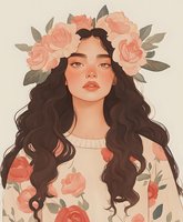 Young Asian woman with long dark wavy hair wearing floral sweater and rose crown. Soft peach roses and green leaves create romantic spring mood in digital art style.