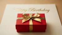 Red gift box with golden ribbon bow on Happy Birthday card, elegant celebration present for greeting, party, and holiday design.
