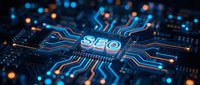 Digital circuit board with glowing SEO text and electronic pathways for search engine optimization and digital marketing technology concepts.