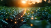 Magical sunset light streaming through green garden rows creating sparkles and bokeh effect on soil and leaves, dreamy summer evening atmosphere.