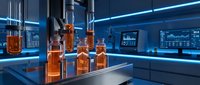 Modern laboratory with amber glass bottles and scientific equipment in blue-lit research facility for pharmaceutical development and chemical analysis.