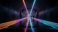 Futuristic tunnel with neon lights and wet reflective floor creating cyberpunk atmosphere for sci-fi projects and digital backgrounds.