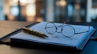 Vintage round eyeglasses and ornate fountain pen resting on open blue notebook at wooden desk in blurred office background for business writing.
