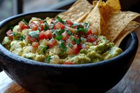 Fresh guacamole dip garnished with diced tomatoes, cilantro in black bowl served with crispy corn tortilla chips on wooden table, close up view of Mexican appetizer.