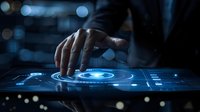 Futuristic technology interface with human hand touching holographic display showing digital transformation and innovation in dark blue tones.
