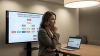 Young woman with long brown hair and light skin tone, wearing a brown blazer, presenting marketing attribution model diagram on large display screen in modern office setting with laptop and overhead lighting.