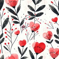 Romantic floral seamless pattern with red heart-shaped flowers, black leaves and berries on white background. Watercolor style design tiles endlessly.