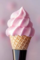 Soft pink swirled makeup brush with waffle cone handle against blurred pastel background, creative cosmetic tool design for professional beauty application.