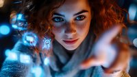 Young woman with red curly hair interacting with glowing blue holographic interface elements against dark background with bokeh lights and modern technology concept.