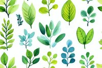 Watercolor green leaves and branches pattern on white background for nature-inspired designs, botanical illustrations, and eco-friendly projects.