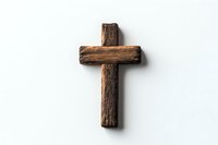Rustic wooden cross with textured bark surface isolated on white background, religious symbol casting soft shadow. Suitable for faith-based designs and spiritual content.