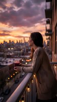 Woman holding beverage on urban balcony at sunset, overlooking cityscape with dramatic purple and golden sky, contemplative moment during evening hour.