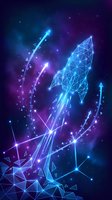 Glowing polygonal rocket launching through a neon galaxy, with geometric lines and arrows on a deep blue purple cosmic background.