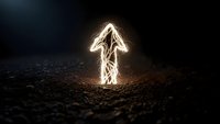 Glowing arrow symbol emerging from dark ground with bright light effects creating upward direction concept for business growth and success motivation.