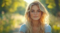 Young Caucasian woman with blonde wavy hair and natural makeup smiling at sunset, backlit portrait with soft bokeh background and warm golden hour lighting.