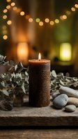 Burning brown candle with eucalyptus leaves and smooth stones on wooden surface creating peaceful spa atmosphere with warm bokeh lights background.