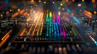 Professional audio mixing console with colorful LED lights reflecting on faders and knobs, creating dynamic bokeh effect in dark studio environment.