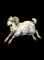 Leaping ram with ornate blue and gold floral patterns in watercolor style, isolated on transparent background. Great for stickers, T-shirts, print on demand, and sublimation.