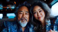 Mature Asian couple sharing intimate moment in car, senior man with gray beard and middle-aged woman with flowing dark hair wearing blue floral attire, authentic lifestyle portrait.