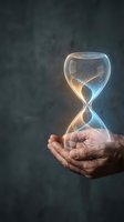 Person holding glowing hourglass with flowing golden sand against dark textured background, symbolizing time passage, deadline management, and business urgency.