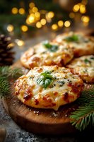 Mini cheese pizzas on wooden board with pine branches and festive bokeh lights in background, perfect for holiday entertaining.