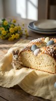 Traditional Easter bread with colorful eggs and pearl sugar on rustic wooden table with spring flowers and bunny decoration for holiday baking celebrations.